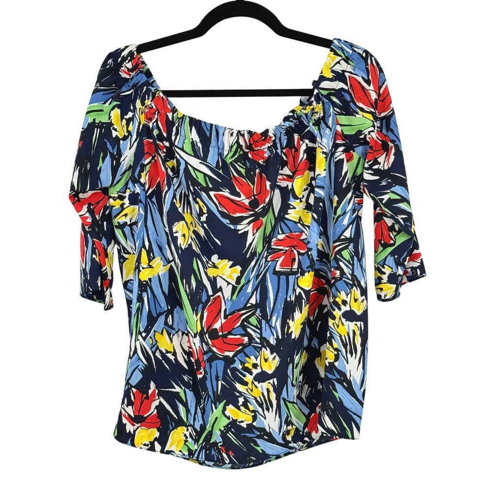 Green Envelope Womens Tropical Abstract Floral Off Shoulder Top‎ Blouse L Resort